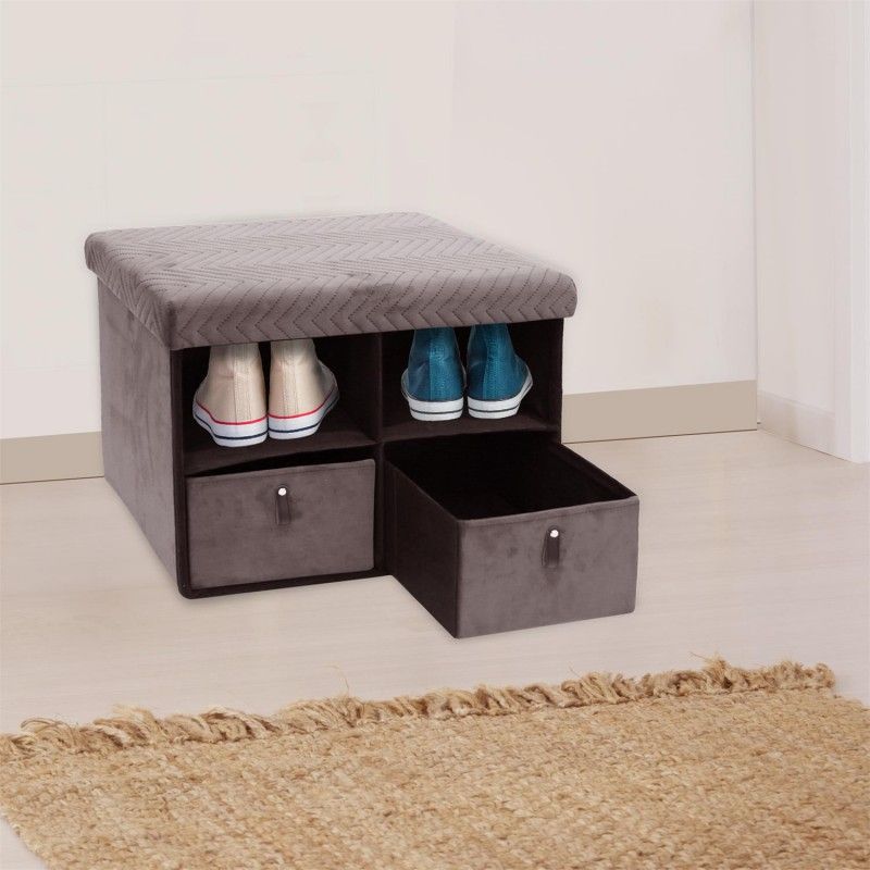 Banc Pliable 2 Tiroirs Velours Gris Home Deco Factory