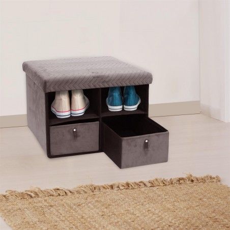 Banc Pliable 2 Tiroirs Velours Gris Home Deco Factory