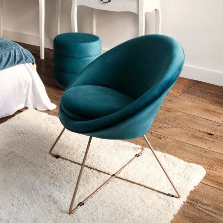 Fauteuil Velours Evan Bleu Canard Atmosphera