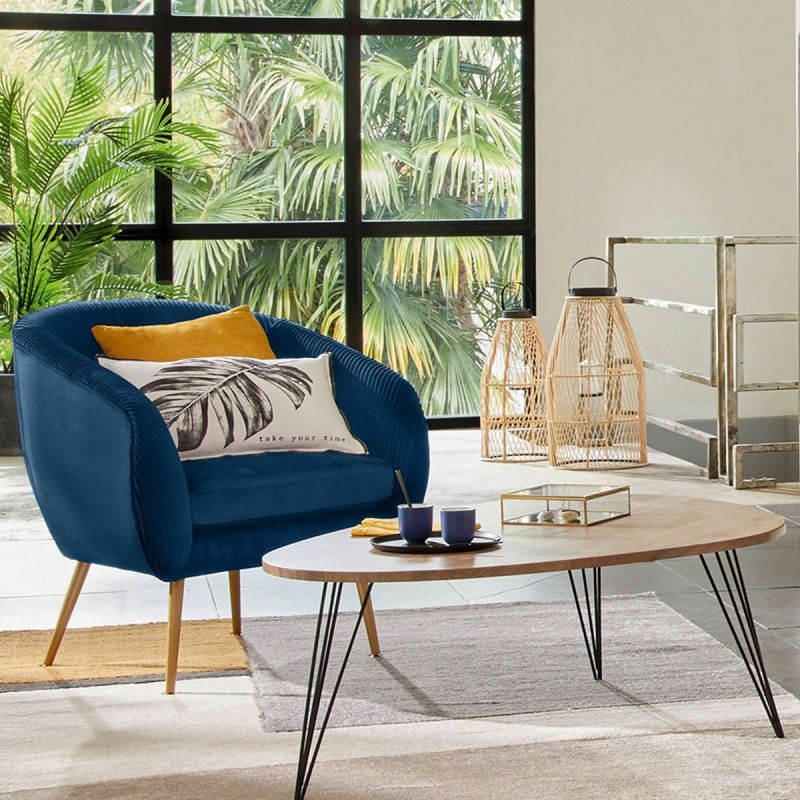 Fauteuil Velours Plisse Bleu Solaro Atmosphera