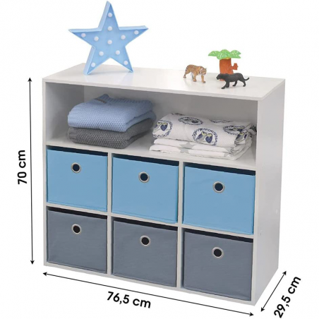 Meuble de rangement pour Garçon 6 paniers + 1 niche Bleu et Gris