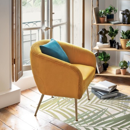 Fauteuil Velours Plisse Ocre Jaune Solaro Atmosphera