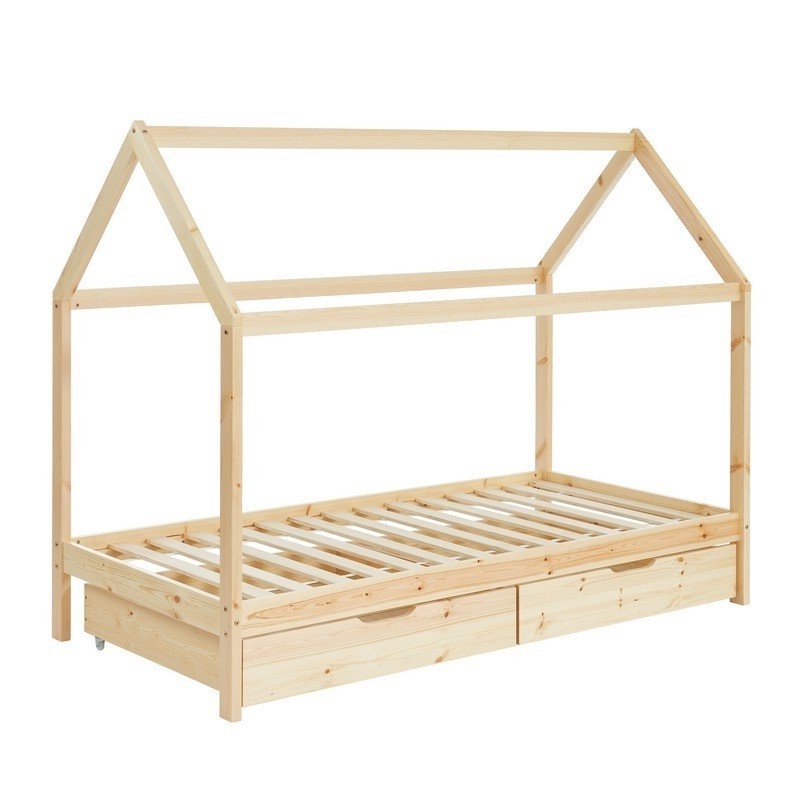 Ensemble Lit Cabane Tiroirs Naturel 90x190 + Matelas enfant 90x190 - Laïba Kids