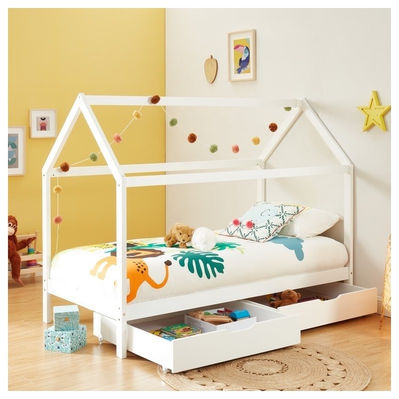 Lit cabane avec tiroirs Petit Paradis Blanc 90x190 Laïba Kids