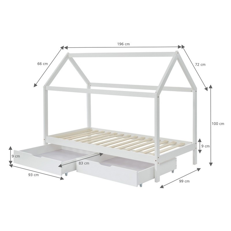 Ensemble Lit Cabane Tiroirs Blanc 90x190 + Matelas Enfant 90x190 - Laïba Kids