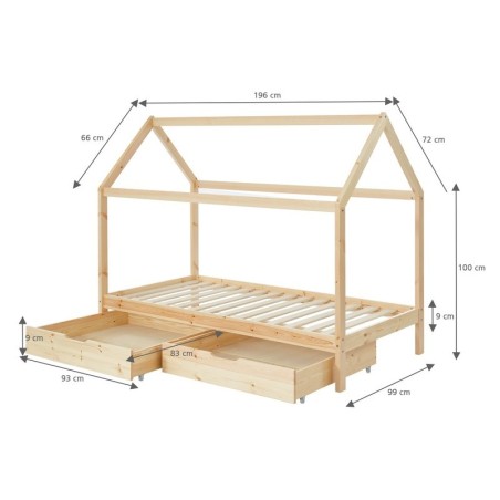 Ensemble Lit Cabane Tiroirs Naturel 90x190 + Matelas enfant 90x190 - Laïba Kids