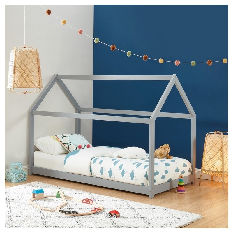 Ensemble Lit Cabane Royaume Des Rêves Gris 90x190 + Matelas Enfant 90x190 cm - Laïba Kids