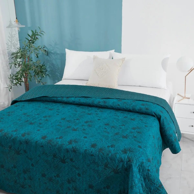 Dessus De Lit Imprimé Tropika Bleu Canard 240x220 Atmosphera