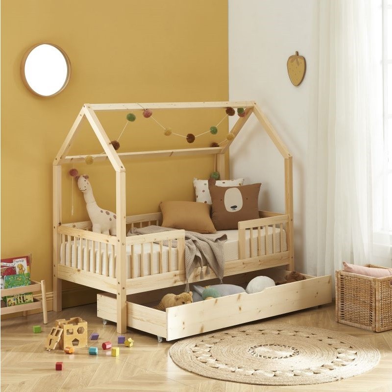 Lit cabane avec barrière et tiroir Safari Beige 70x140 - Laïba Kids