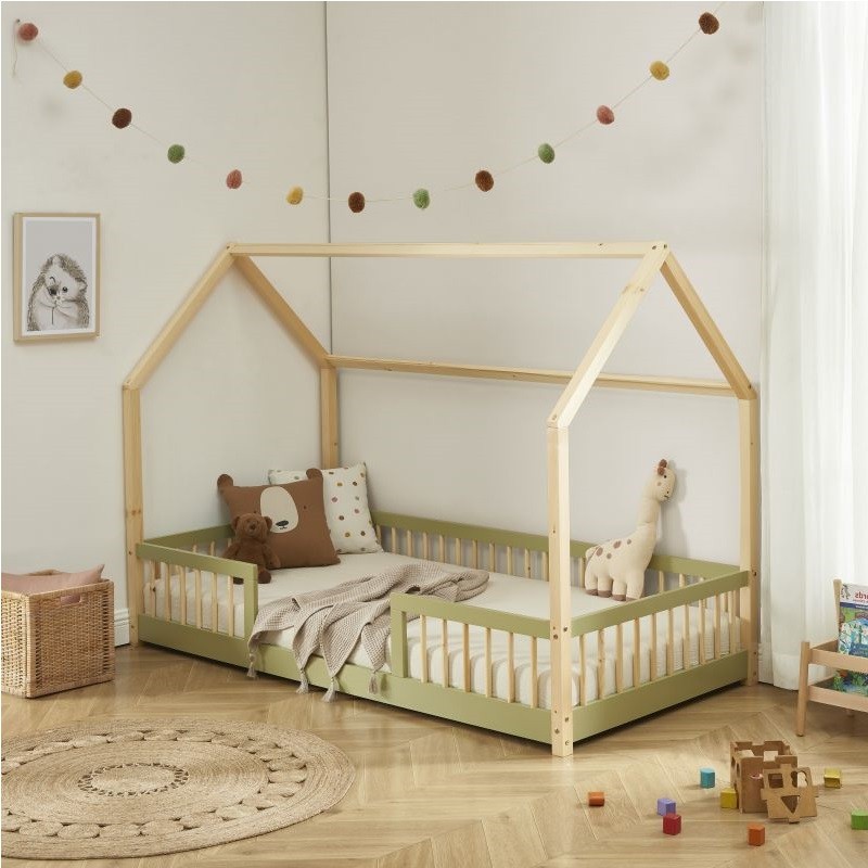 Lit Cabane Avec Barrière Ludique Vert 90x190 - Laïba Kids