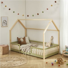 Ensemble Lit Cabane Barrière Vert 90x190 cm + Matelas Enfant 190x90 - Laïba Kids 2