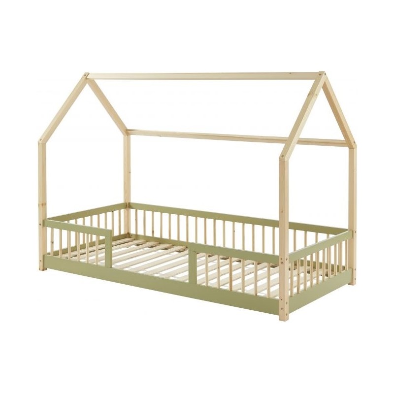 Ensemble Lit Cabane Barrière Vert 90x190 cm + Matelas Enfant 190x90 - Laïba Kids