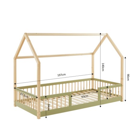 Ensemble Lit Cabane Barrière Vert 90x190 cm + Matelas Enfant 190x90 - Laïba Kids
