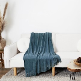 Plaid Chenille Frange Bleu Canard 120x150 - Home Deco Factory 2