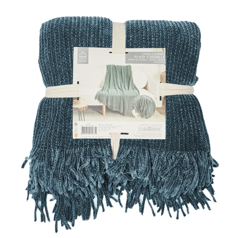 Plaid Chenille Frange Bleu Canard 120x150 - Home Deco Factory