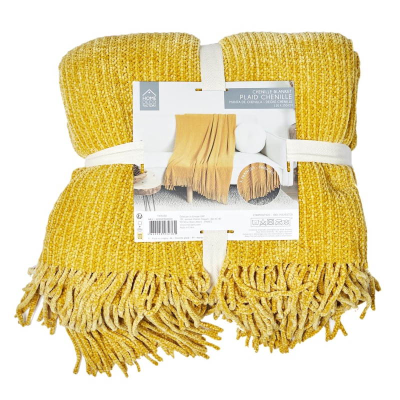 Plaid Chenille Frange Jaune Moutarde 120x150 - Home Deco Factory