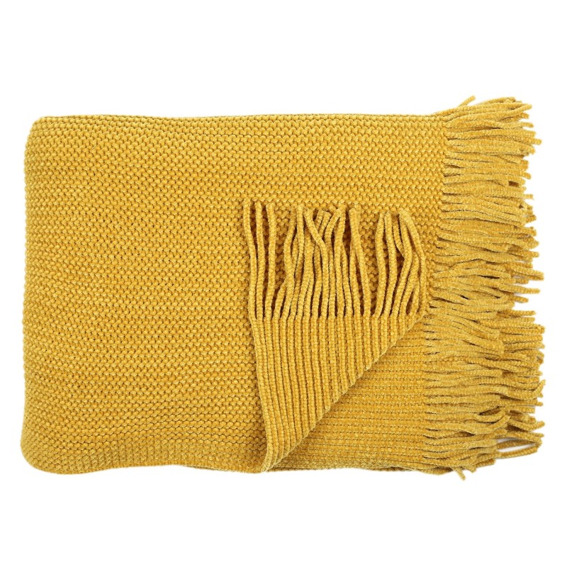 Plaid Chenille Frange Jaune Moutarde 120x150 - Home Deco Factory