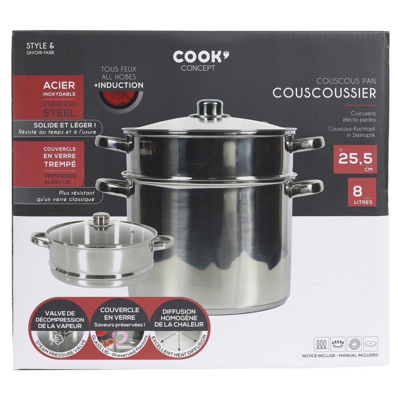Couscoussier Induction Couvercle En Verre 8L - Home Deco Factory