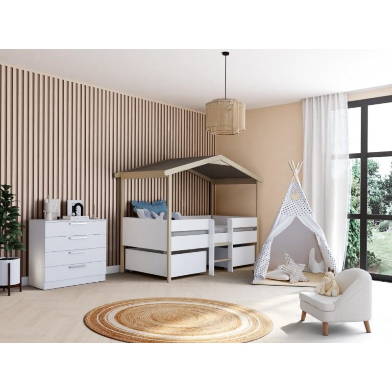 Lit cabane Enfant PILOTI 90x190 sommier + 2 tiroirs Blanc et Naturel - Weber industries