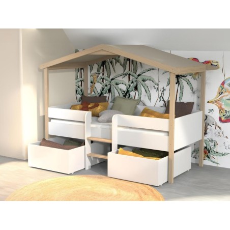 Lit cabane Enfant PILOTI 90x190 sommier + 2 tiroirs Blanc et Naturel - Weber industries