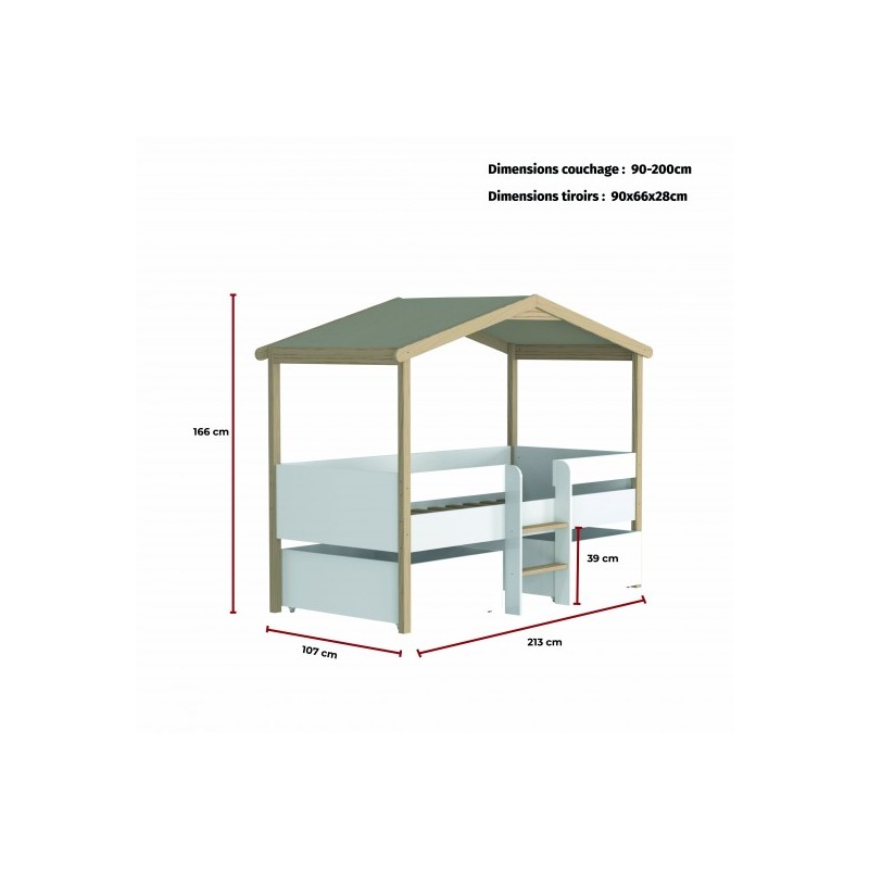 Lit cabane Enfant PILOTI 90x190 sommier + 2 tiroirs Blanc et Naturel - Weber industries