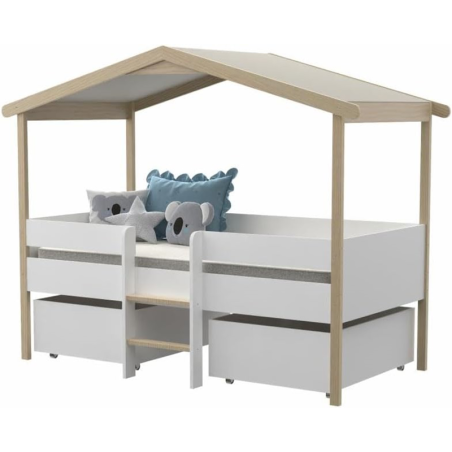 Lit cabane Enfant Jardin Secret 90x190 sommier + 2 tiroirs Blanc et naturel de la marque - Laïba Kids