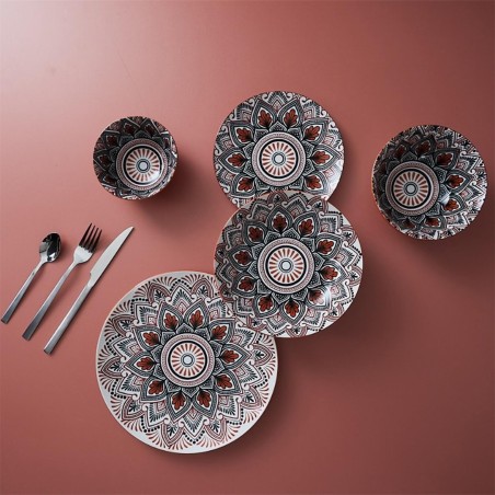 Service De Table 18 pcs Mandala En Porcelaine Orange - Home Deco Factory