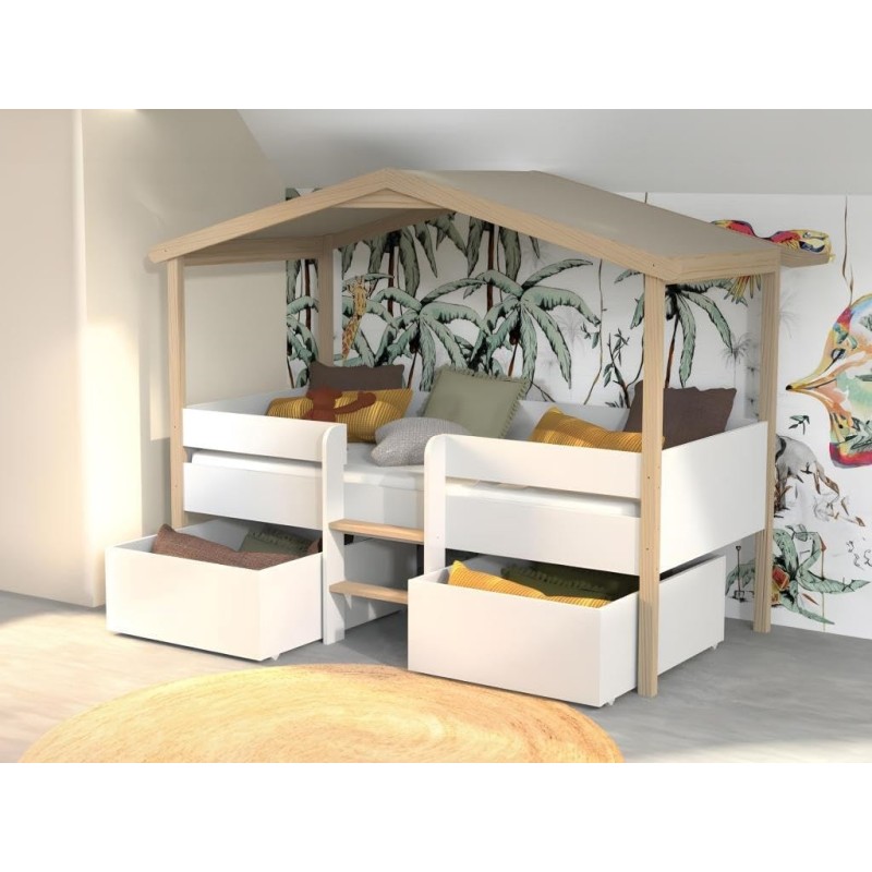 Ensemble Lit cabane Enfant + 2 tiroirs Jardin Secret 90x190 avec Matelas Enfant 90x190 - Laïba Kids