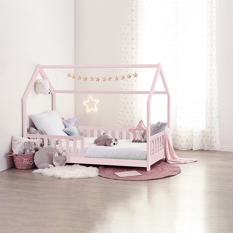 Ensemble Lit Cabane Bosco Rose + Matelas enfant 90x190 Laïba Kids