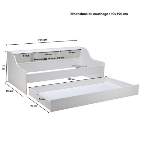 Lit enfant Palma 90x190 rangements Blanc Weber industries