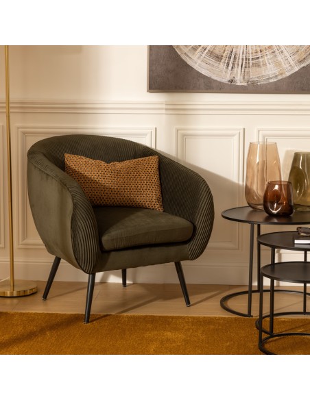 Fauteuil Solaro En Velours Plissé Vert Kaki Atmosphera