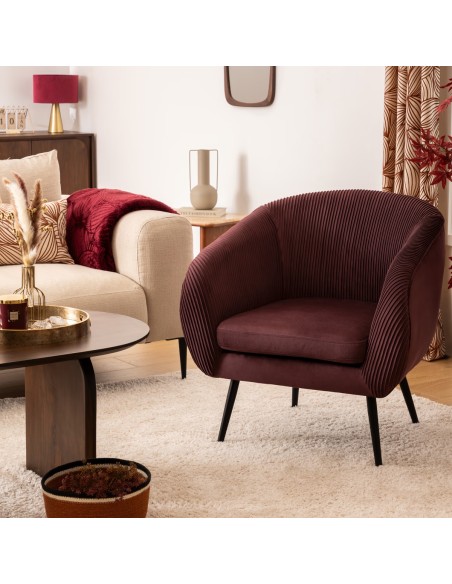 Fauteuil Solaro En Velours Plissé Rubis Prune Atmosphera