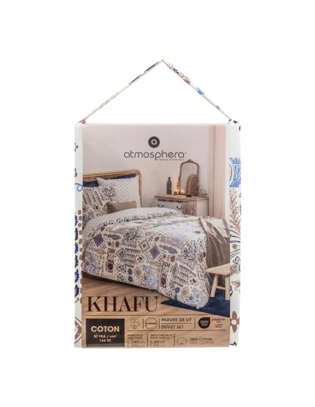 Parure De Lit Imprimée Khafu Réversible Bleu 240x220 - Atmosphera