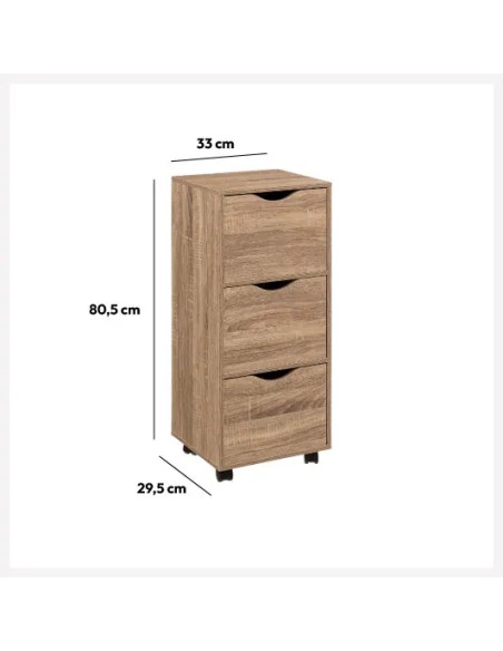 Caisson 3 Tiroirs Roulettes Effet Bois Naturel Five