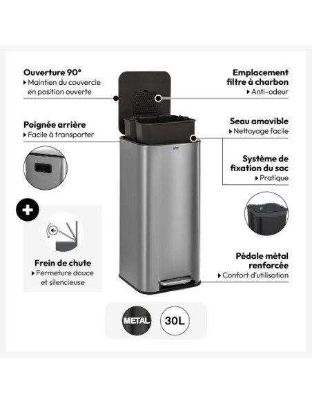 Poubelle à pédale carrée Delta 30L INOX Five