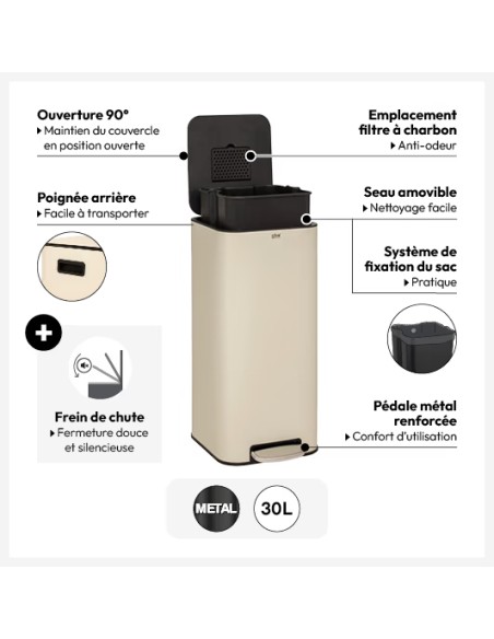 Poubelle à pédale carrée Delta 30L Beige Five