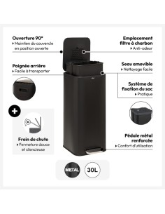 Poubelle à pédale carrée Delta 30L Noire Five 2