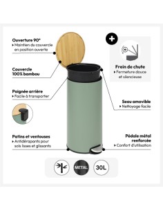 Poubelle En Métal Couvercle En Bambou 30L Vert Five 2