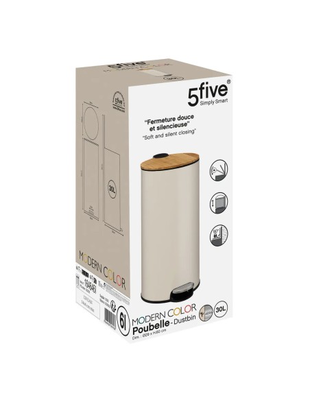 Poubelle En Métal Couvercle En Bambou 30L Beige Five