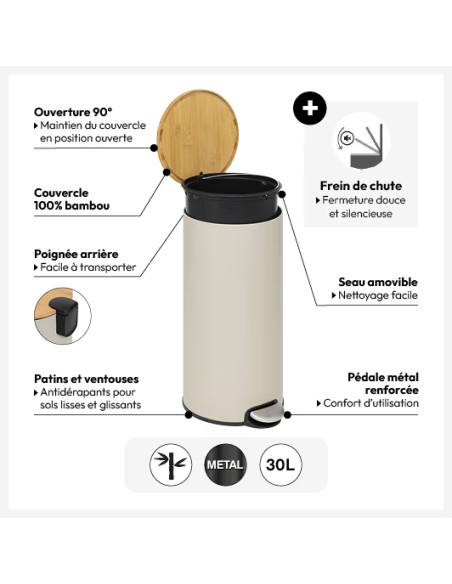 Poubelle En Métal Couvercle En Bambou 30L Beige Five