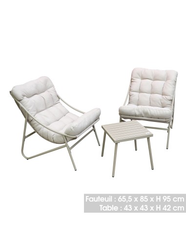 Salon De Jardin Chill Table Avec 2 Fauteuils Et Coussins Blanc Five