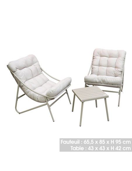 Salon De Jardin Chill Table Avec 2 Fauteuils Et Coussins Blanc Five
